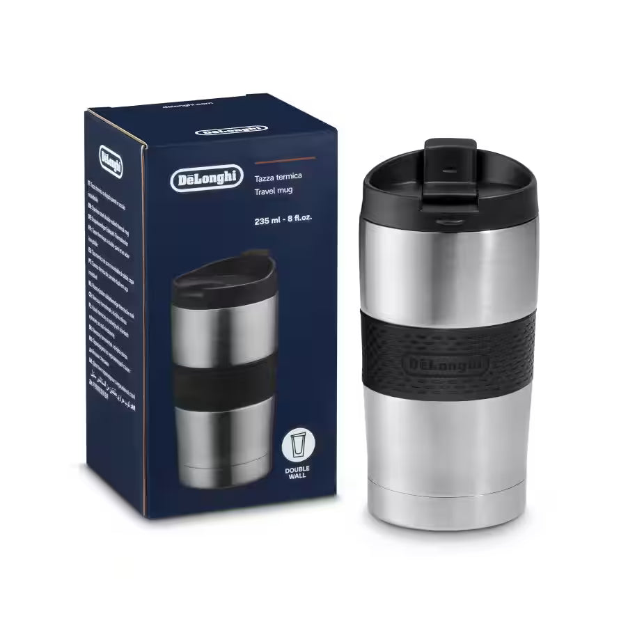 De'Longhi DLSC074 Travel Thermo Mug, Stainless Steel Double Wall Coffee Mug for Hot and Cold Drinks, One Click Opening, 235 ml Capacity