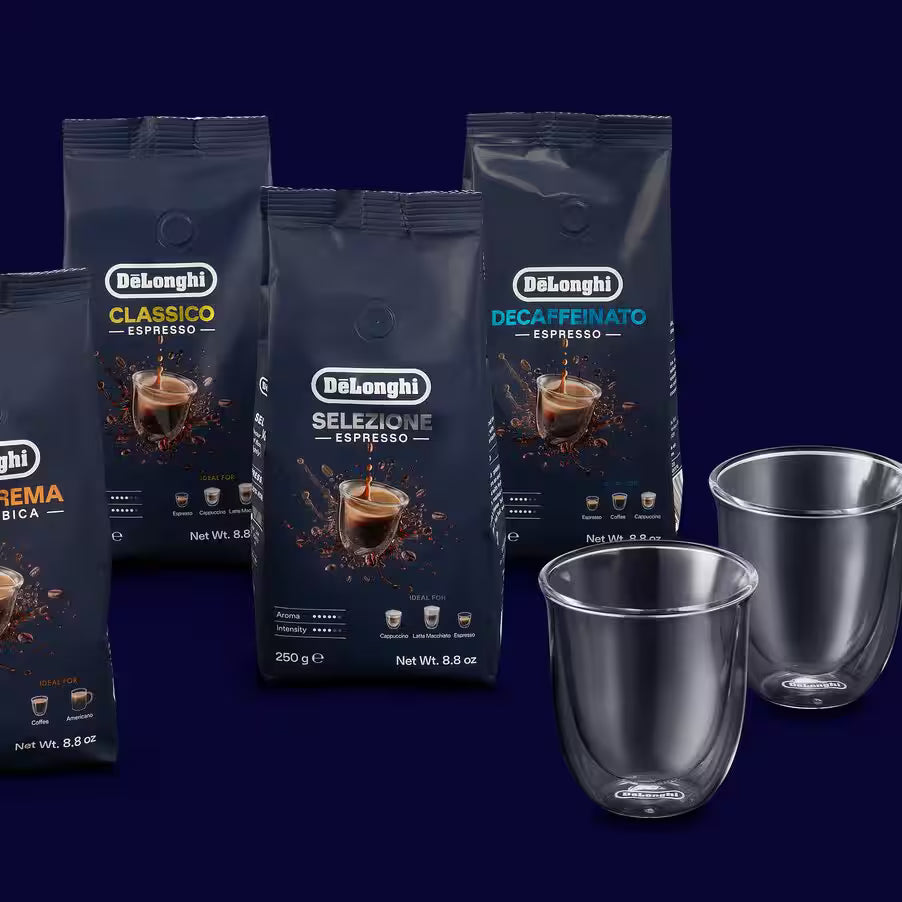 Essential Pack with De'Longhi Coffee Beans 4x250g, Cappuccino Glasses x2, and Water Filter DLSC317